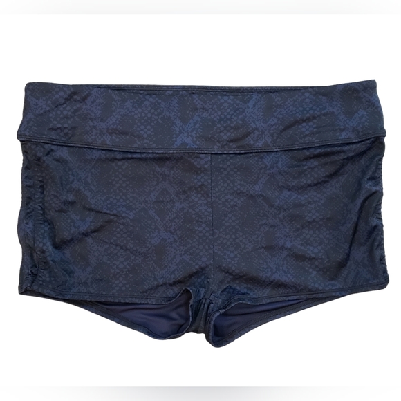 Athleta Printed Ruched Shorts Womens L Navy Blue Black Polyester Spandex Shortie - Picture 1 of 4